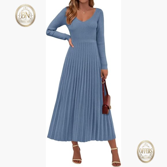 Viscose Polyester Polyamide Ribbed Knit Pleated Sweater Dress Maxi